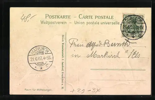 Passepartout-Lithographie Durlach, Ansicht vom Turmberg auf Efeublatt