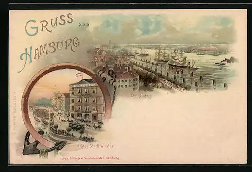 Lithographie Hamburg-Harburg, Hotel Stadt Wilster, Hafen