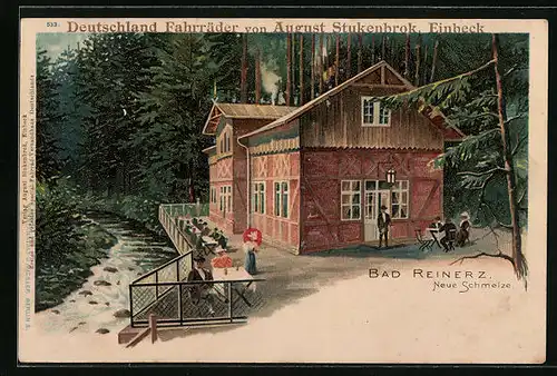 Lithographie Bad Reinerz, Gasthaus Neue Schmelze mit Gästen