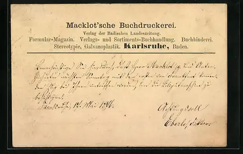 Vorläufer-AK Karlsruhe, 1878, Korrespondenzkarte der Macklot`schen Buchdruckerei