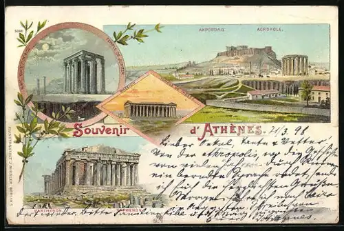 Lithographie Athènes, Temple de Jupiter, Acropole, Parthénon