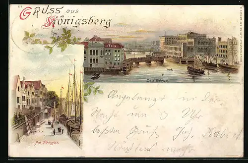 Lithographie Könisgberg, Ortsansicht mit der Börse und am Preget
