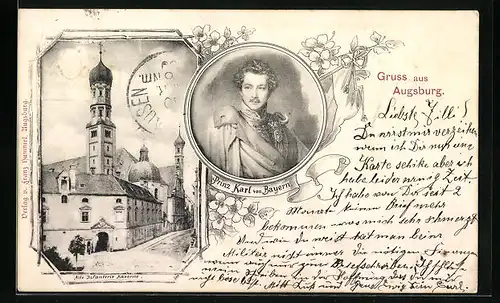 Künstler-AK Augsburg, Alte Infanterie Kaserne mit Prinz Karl von Bayern, Ganzsache Bayern