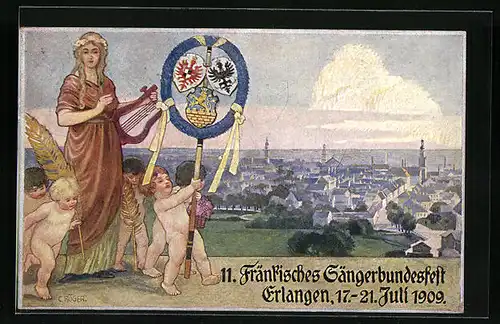 Künstler-AK Erlangen, 11. Fränkisches Sängerbundesfest 1909, Ganzsache Bayern