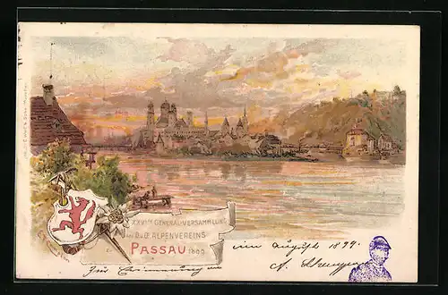 Künstler-AK Passau, XXVIte General-Versammlung des D. u. Oe. Alpenvereins 1899, Ganzsache Bayern