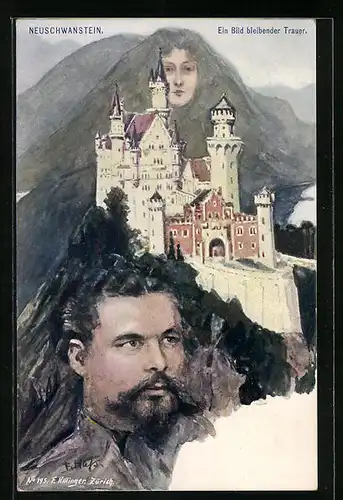 Künstler-AK Fritz Hass, Killinger Nr. 195: König Ludwig II. vor Neuschwanstein, Berg mit Gesicht / Berggesichter