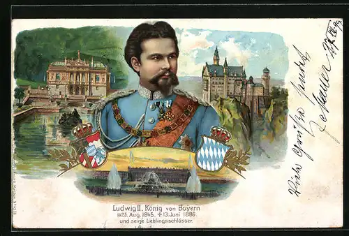 Lithographie König Ludwig II. von Bayern mit Ansichten seiner Lieblingsschlösser