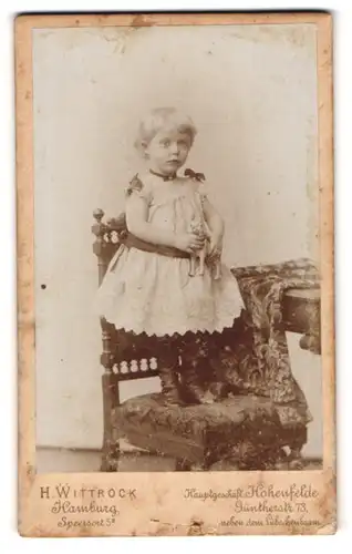 Fotografie H. Wittrock, Hamburg, Speersort 5, Kleines Mädchen im Kleid mit Spieltier