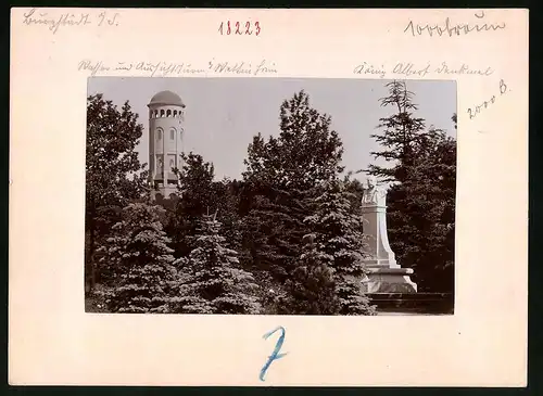 Fotografie Brück & Sohn Meissen, Ansicht Burgstädt i. Sa., Blick auf den Wettinhain, Aussichtsturm, König Albert-Denkmal