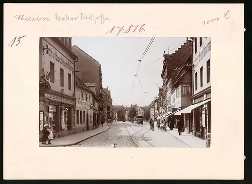 Fotografie Brück & Sohn Meissen, Ansicht Meissen i. Sa., Vordere Neugasse, Strassenbahn, Gasthaus Garküche, L. Lochmann