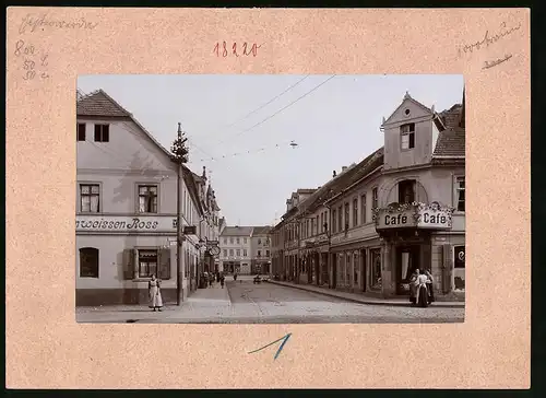 Fotografie Brück & Sohn Meissen, Ansicht Elsterwerda, Rosstrasse am Hotel zum weissen Ross, Cafe Walter Thomas, Geschäfte