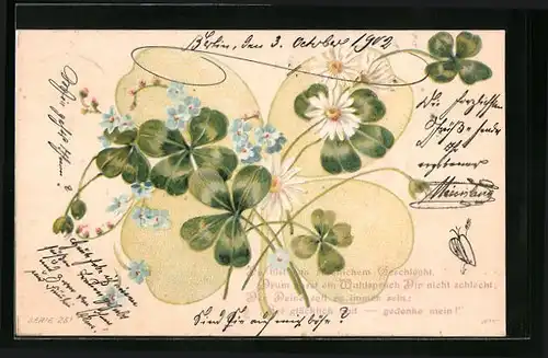 Künstler-AK Kleeblatt mit Gänseblümchen