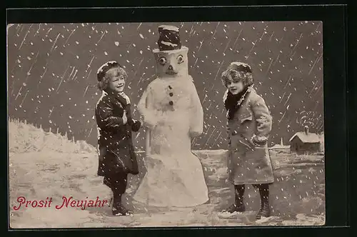 AK Prosit Neujahr, Kinder mit Schneemann