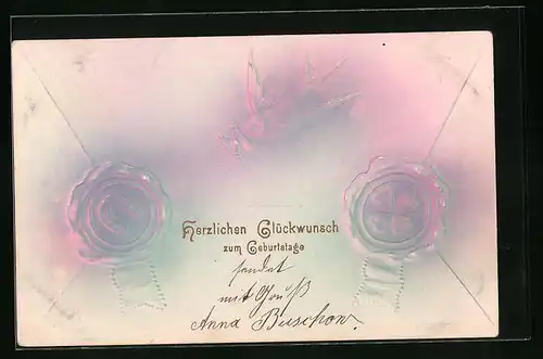 Präge-AK Glückwünsche zum Geburtstag, Siegel mit Hufeisen und Kleeblatt