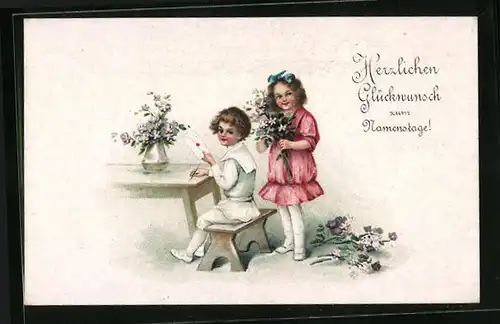 Künstler-AK Glückwünsche zum Namenstag, Kinder mit Blumen