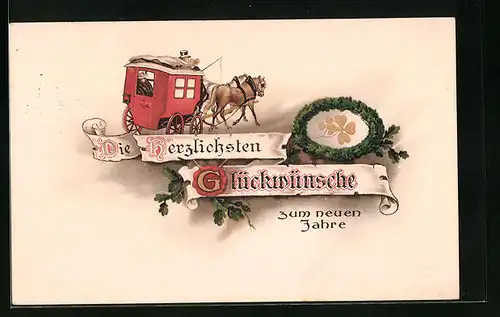 Künstler-AK Glückwünsche zum Neujahr, Kutsche mit Kleeblättern