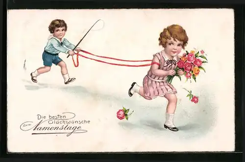 Künstler-AK Glückwünsche zum Namenstag, Spielende Kinder