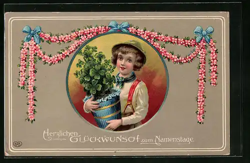 Künstler-AK Glückwünsche zum Namenstag, Junge mit Kleeblättern