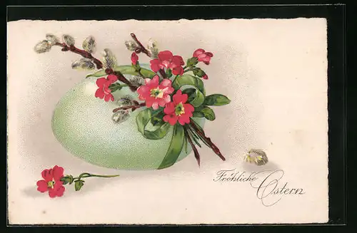 Künstler-AK Fröhliche Ostern, Osterei mit Blumen und Palmkätzchen