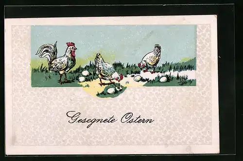 Künstler-AK Gesegnete Ostern, Hühner mit Eiern