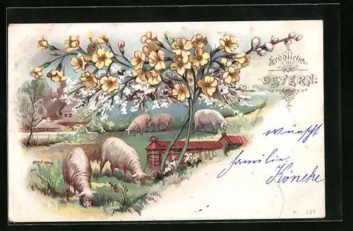Lithographie Fröhliche Ostern, Schafe auf der Weide mit Blumen