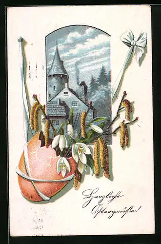 Künstler-AK Herzliche Ostergrüsse, Osterei mit Maiglöckchen und Weidenkätzchen