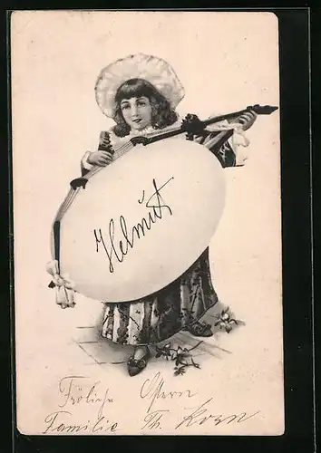 Künstler-AK Mädchen spielt auf Osterei-Gitarre