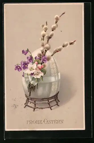 Präge-AK Osterei mit Blumen und Palmkätzchen