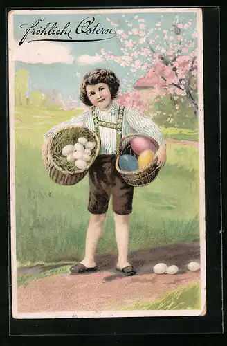 Präge-AK Fröhliche Ostern, Kind mit Osterkörben