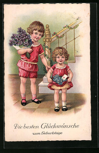KünstlerAK Glückwünsche zum Geburtstag, Kinder mit Blumengeschenken Nr