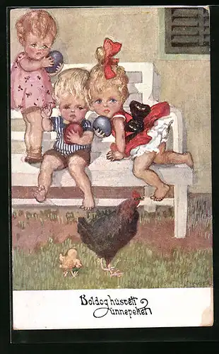 Künstler-AK Kinder auf der Bank mit Ostereiern und Osterküken