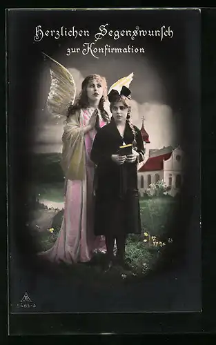 AK Junge Dame neben Schutzengel zur Konfirmation