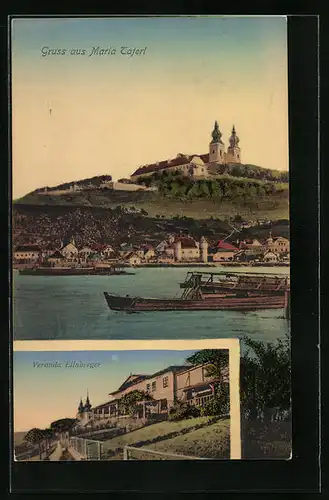 AK Maria Taferl, Veranda Eilnberger, Ortsansicht von der Donau aus