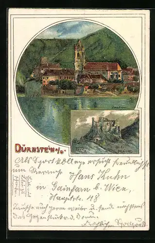 Künstler-AK Dürnstein a. D., Ruine bei Nacht, Ortsansicht