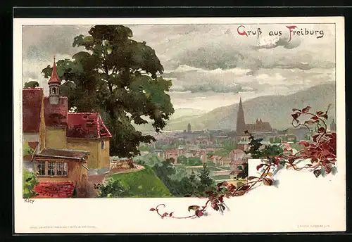 Künstler-AK Heinrich Kley: Freiburg, Ortsansicht mit Kirche