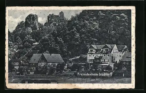 AK Rathen, Fremdenheim Leschke mit Felsformation
