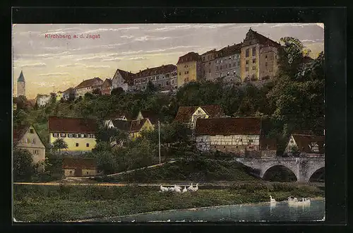 AK Kirchberg a. d. Jagst, Uferpartie mit Gänsen