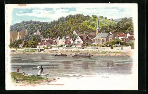 Lithographie Wehlen, Uferpartie mit Kirche