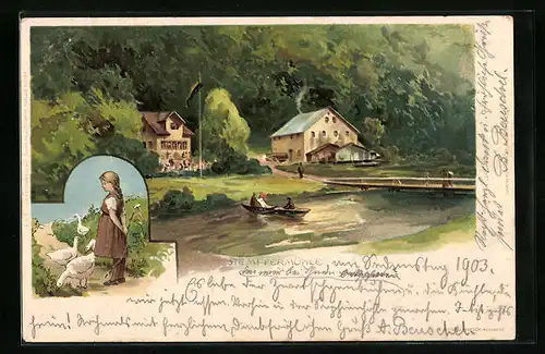 Künstler-AK Gössweinstein, Gasthaus Stempfermühle, Gänsemädchen