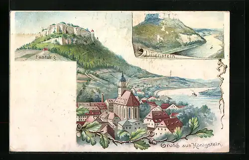 Künstler-AK Königstein, Teilansicht mit Festung, Lilienstein