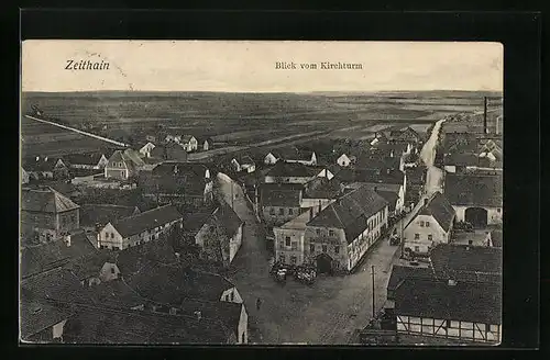 AK Zeithain, Blick vom Kirchturm auf den Ort mit Strassenpartie