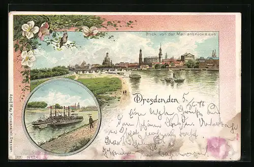 Lithographie Dresden, Blick von der Marienbrücke, Elbschiffe