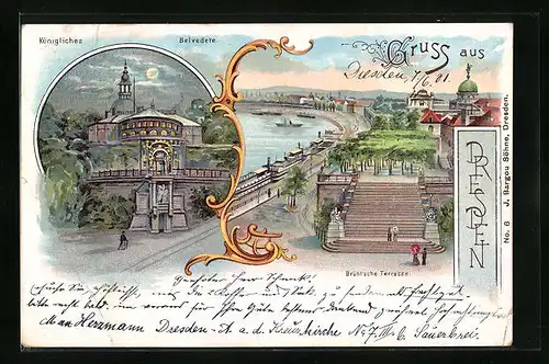 Lithographie Dresden, Belvedere, Brühlsche Terrasse