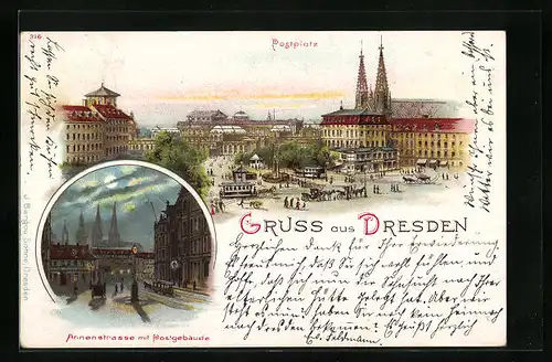 Lithographie Dresden, Postplatz, Annenstrasse mit Postgebäude