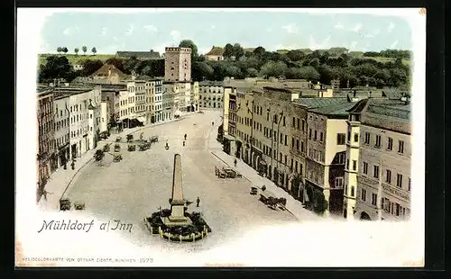 AK Mühldorf am Inn, Teilansicht mit Obelisk