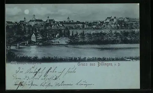 Mondschein-AK Dillingen a. D., Ortsansicht bei Vollmond