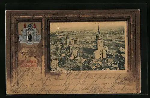 Künstler-AK München, Totalansicht, Wappen