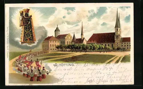 Lithographie Altötting, Kirche mit Prozession, Madonnenfigur