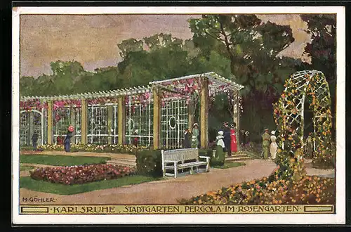 Künstler-AK sign. H. Göhler: Karlsruhe, Stadtgarten, Pergola im Rosengarten