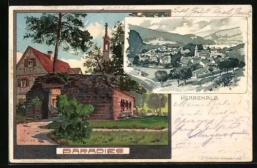 Künstler-AK Karl Mutter: Herrenalb, Ortsansicht und Paradies